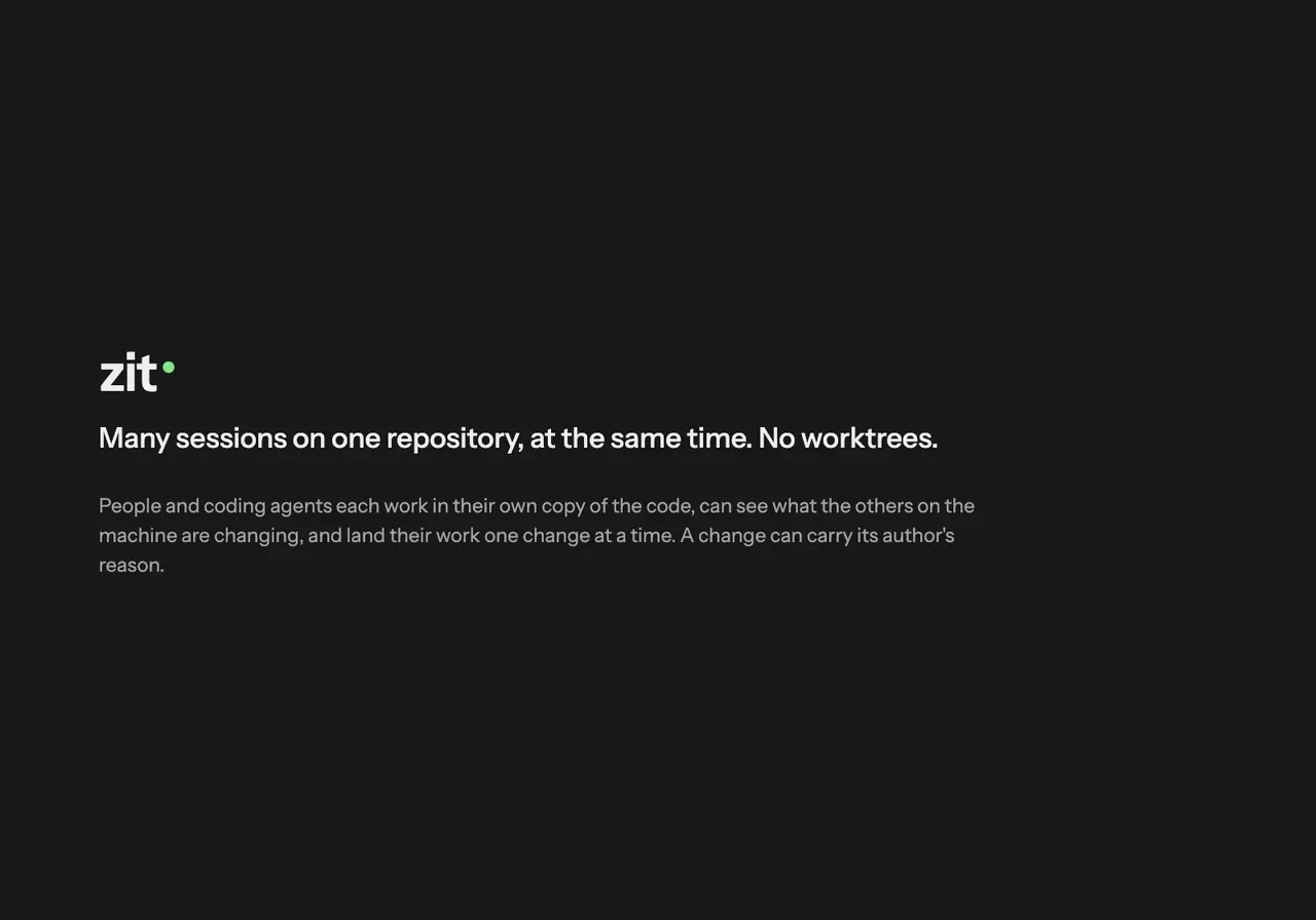 A walkthrough of zit web: what Zit does, then a live repository with landed, waiting and colliding changes, three open workspaces with their claims, filtering, and light mode